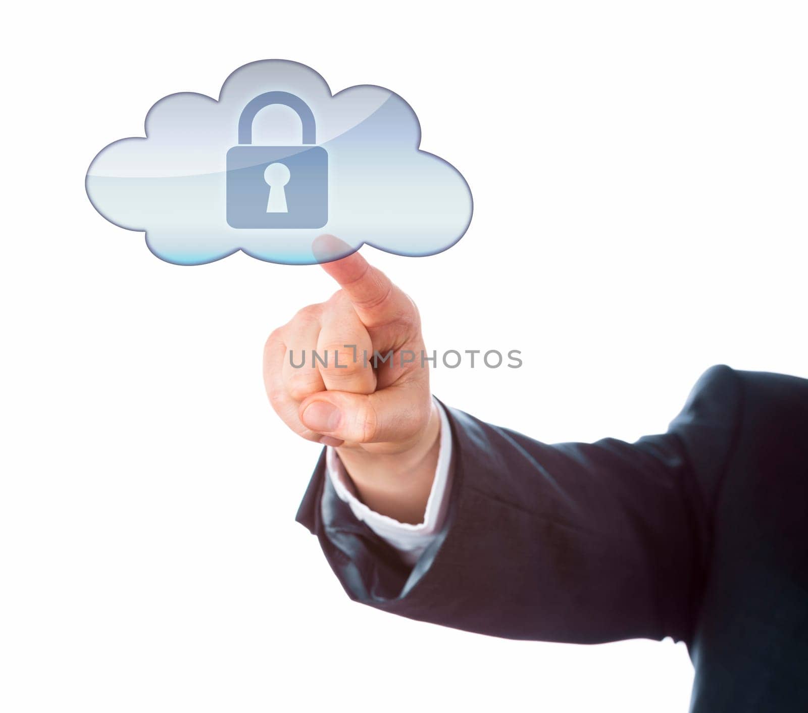 Arm in business suit aiming at a closed lock in a cloud computing symbol. Transparent interface icon or key on touch screen. Metaphor for secure access and cyber-security. Cutout isolated on white.