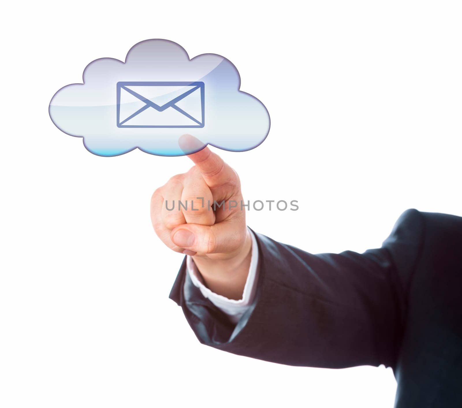 Cutout of forearm raising an index finger to point at an email icon inside a cloud computing symbol. Business or technology metaphor for mobile computing and instant information access. White ground.