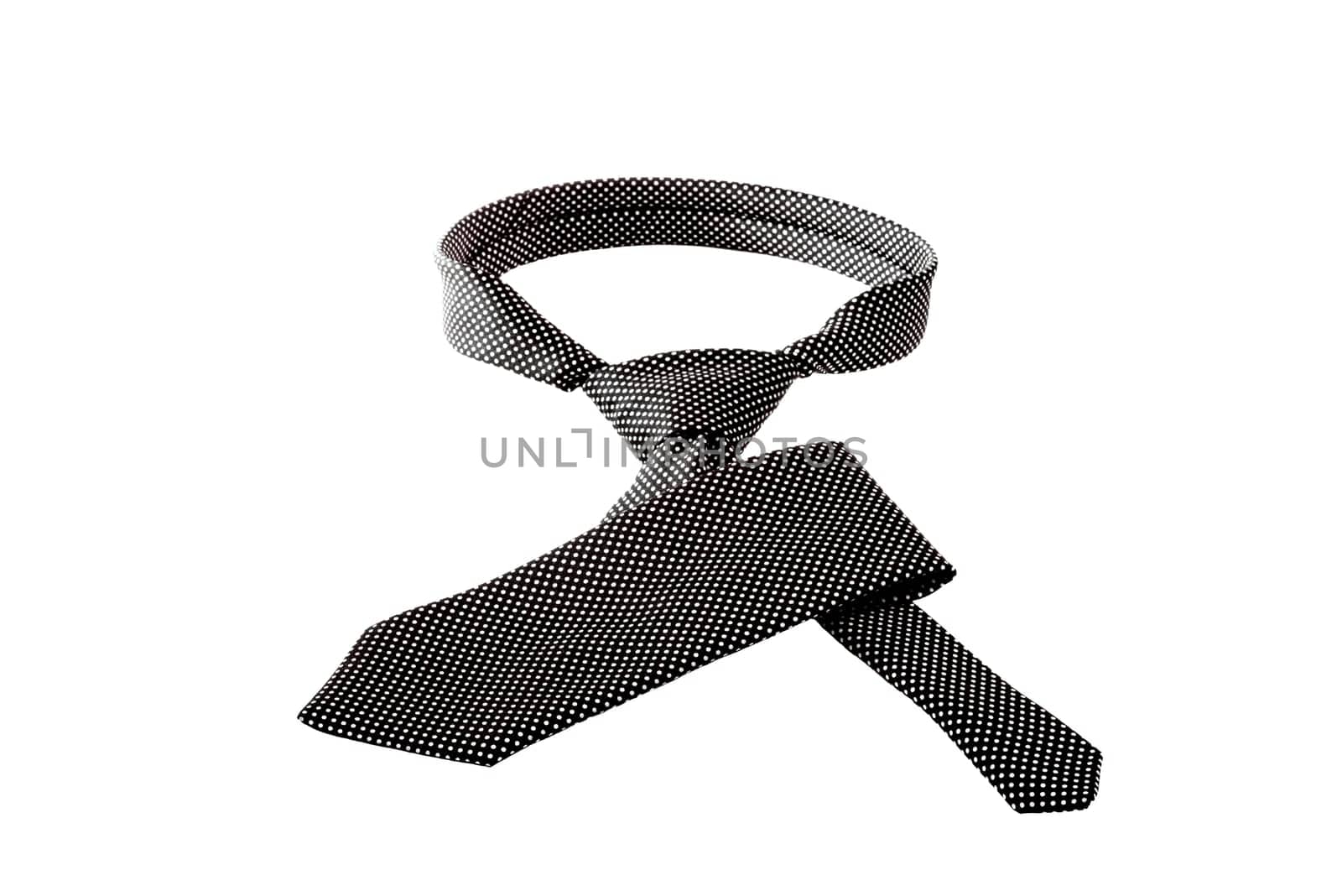 A black tie with small white dots, with a tie knot done, on an isolated white background.