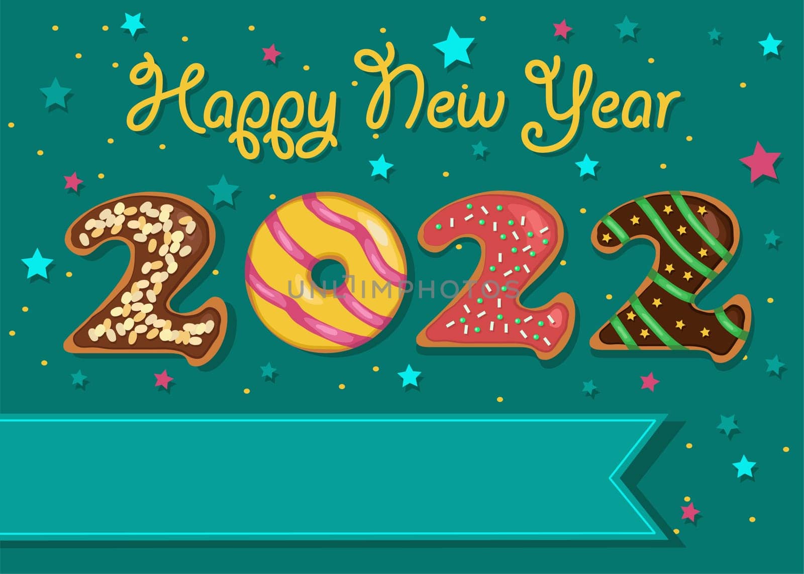 Happy New Year 2022. Colorful number as sweet donuts with cream and nuts decor. Background with stars and confetti. Banner for custom text. Cream text - Happy New Year. Illustration