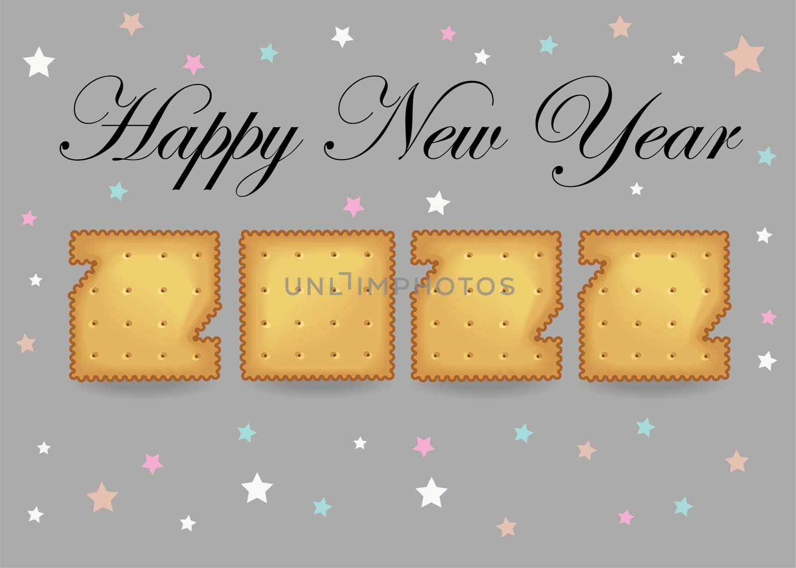 Happy New Year 2022. Artistic yellow number as cracker cookies. Gray background with colorful stars. Black text. Illustration