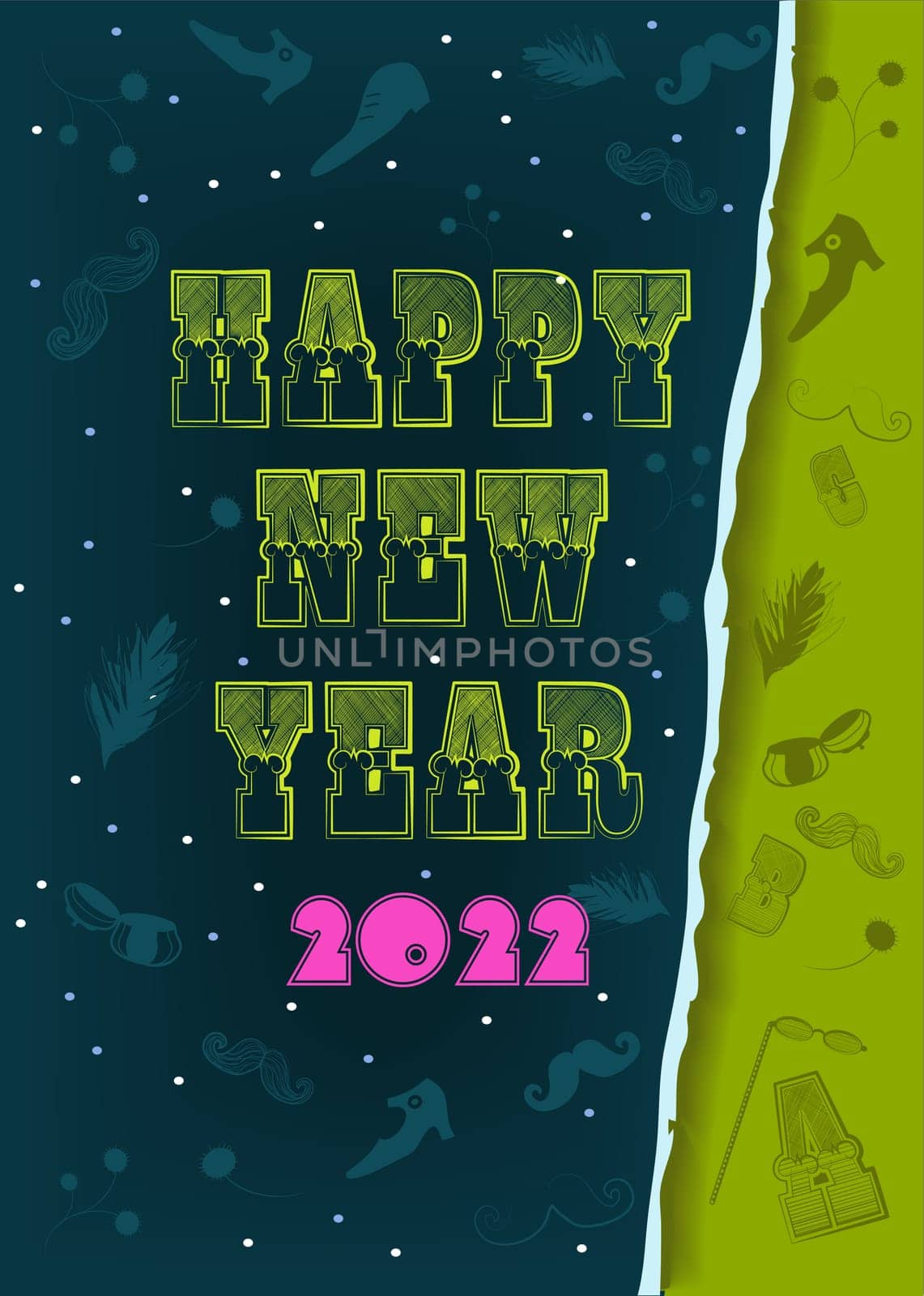 Happy New Year 2022. Vintage yellow letters. Pink number. Green and dark blue background with retro items and snowfall. Illustration