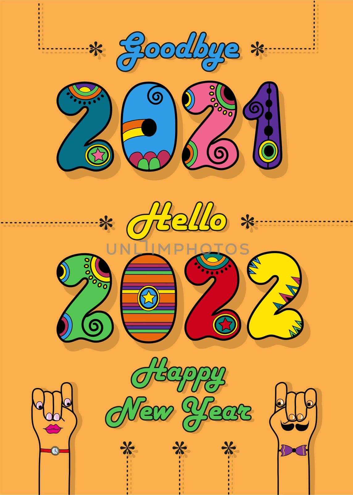 Goodbye 2021. Hello 2022. Happy New Year. Disco colorful numbers with bright decor. Cartoon male and female hands looking at each other. Orange background. Illustration