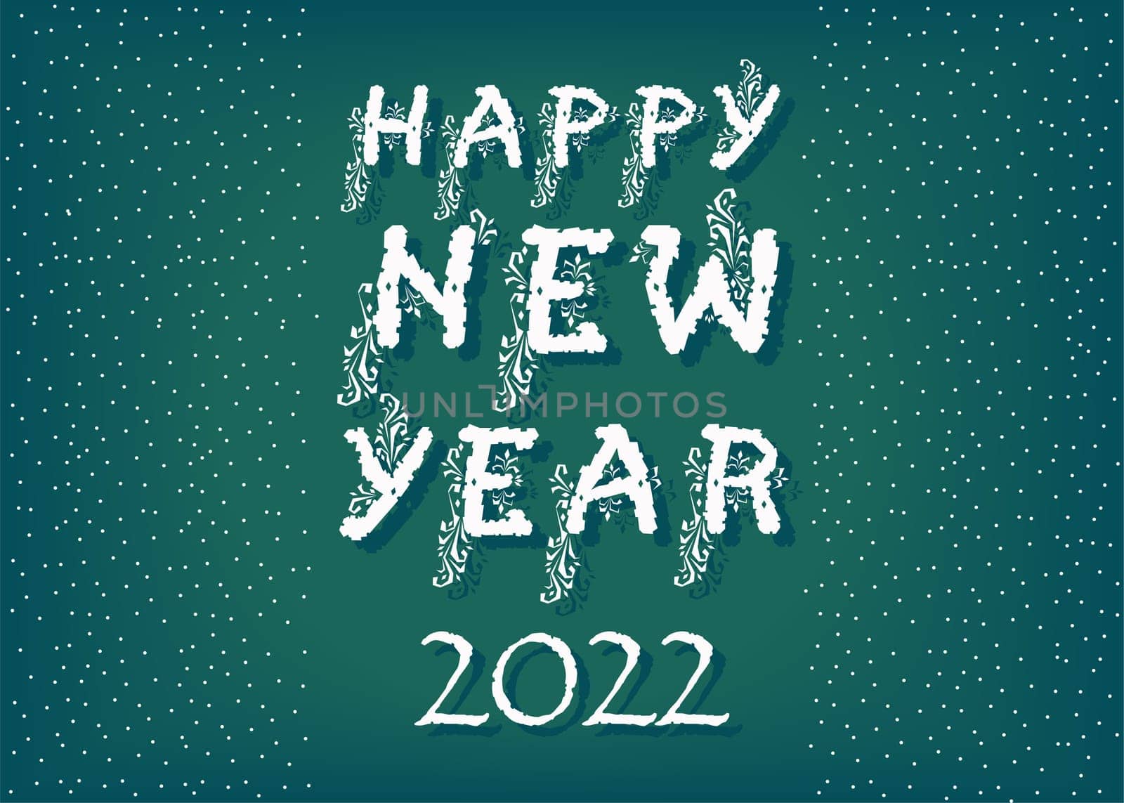 Happy New Year 2022. Inscription with white floral geometric decor. Dark green background. White snowfall frame. Illustration