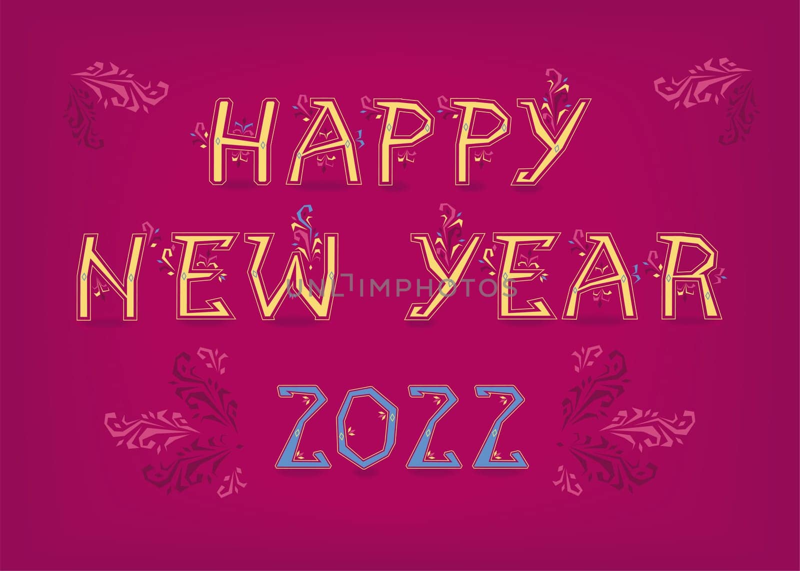 Happy New Year 2022. Artistic font with folk botanical decor. Folk Greeting Card. Illustration