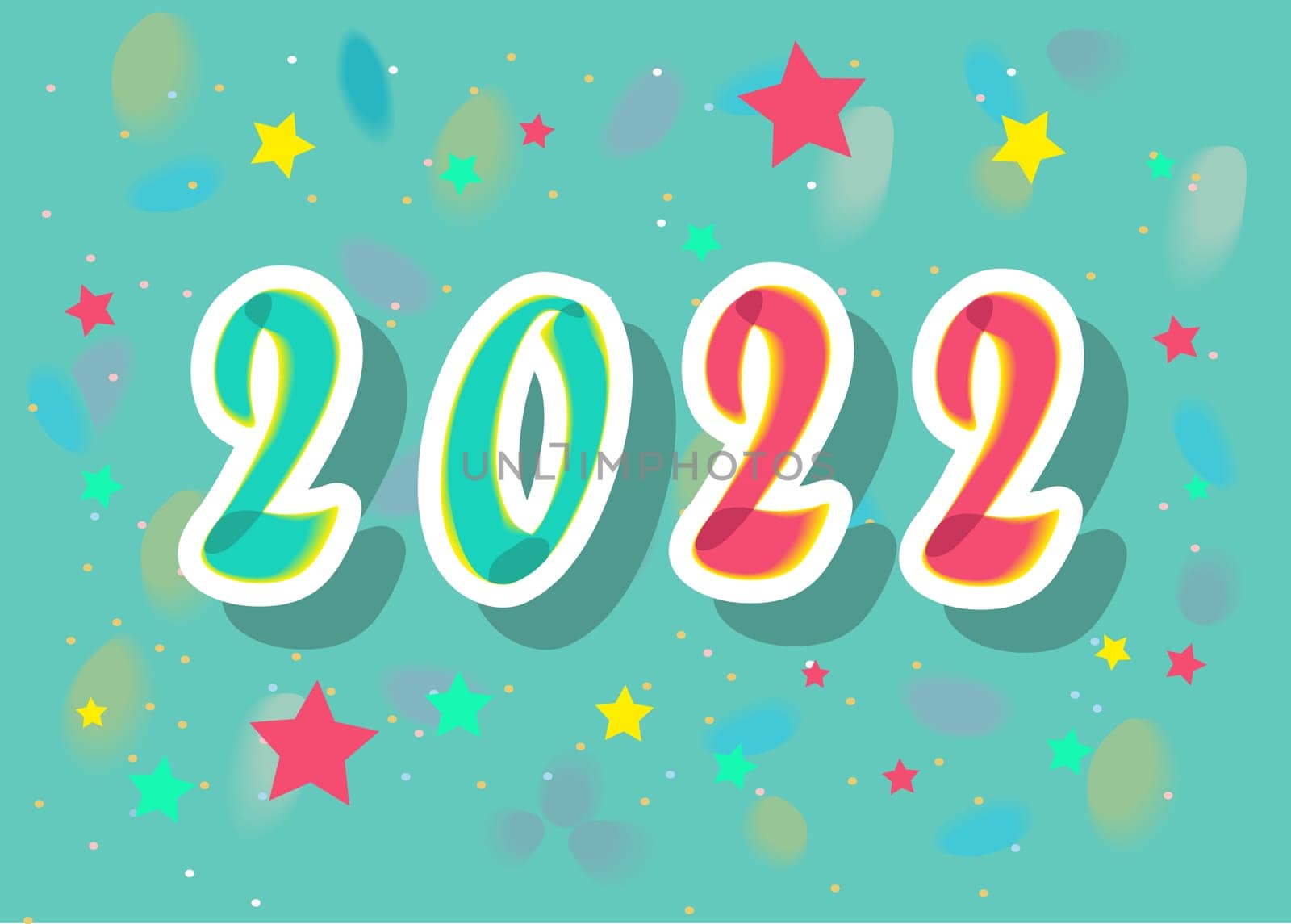 New Year red and green number 2022 with painting effect and white outlines. Blue background with colorful confetti. Illustration