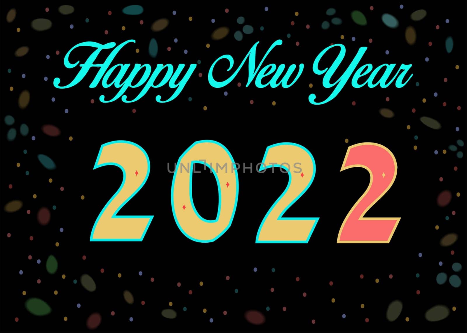 Happy New Year 2022. Yellow and red Number with geometric decor. Dark background. Blue text. Illustration