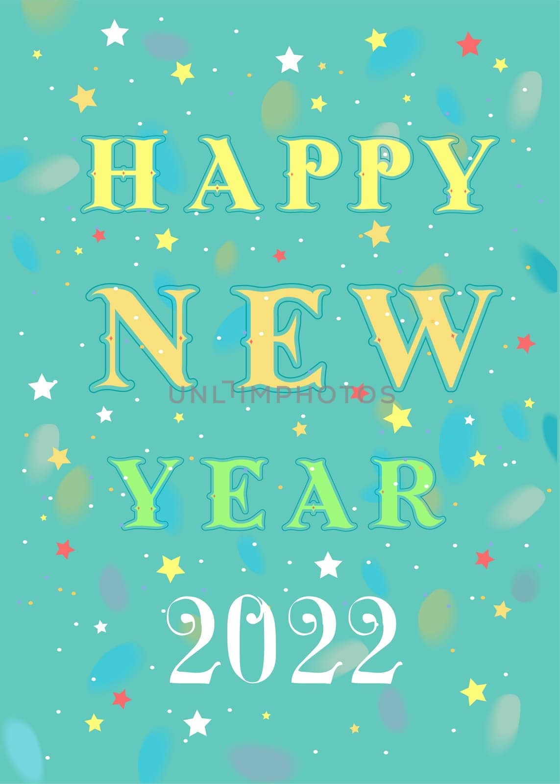 Happy New Year 2022. Yellow and Green Text with White Number. Green background with colorful stars. Greeting Card. Illustration