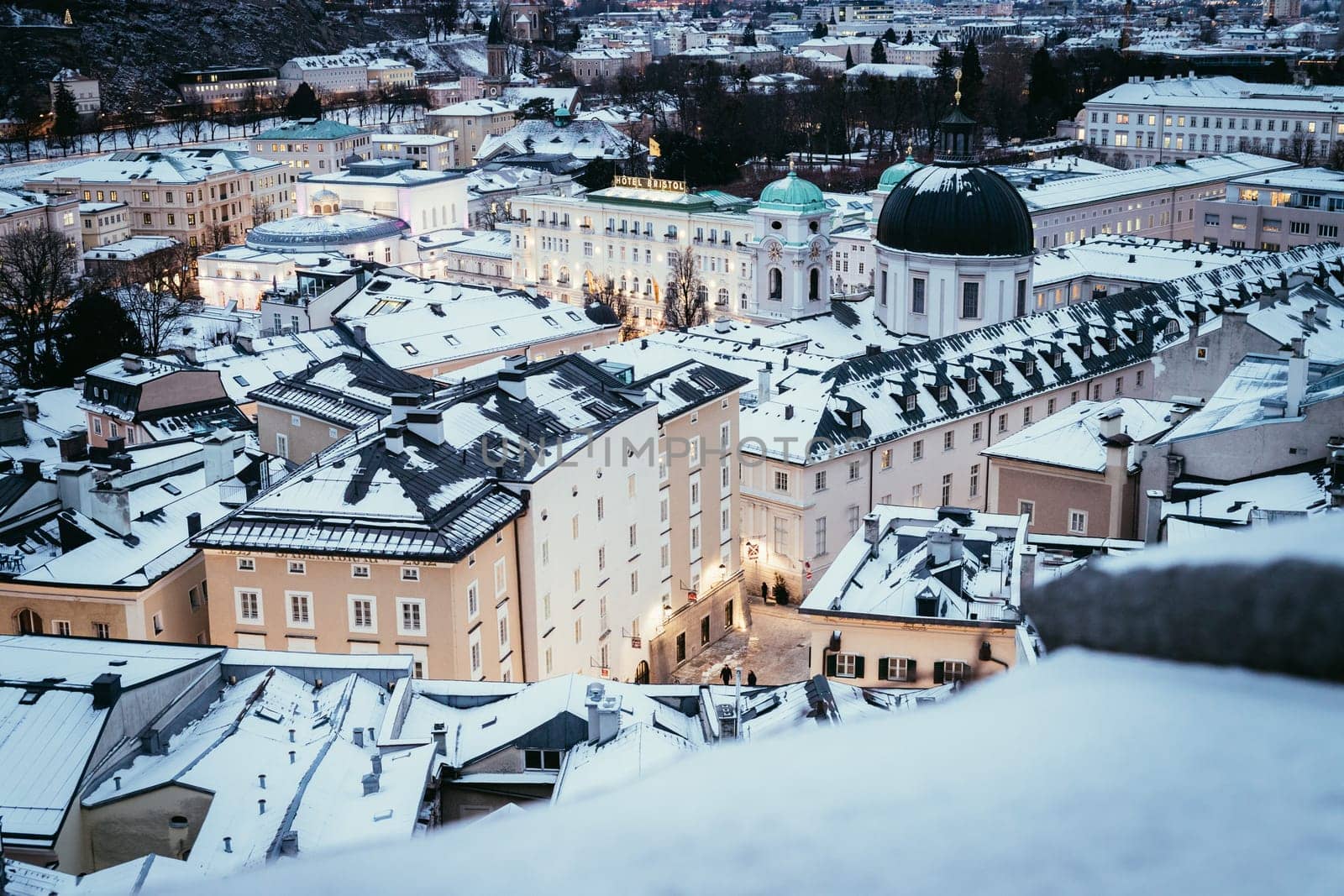 Salzburg old city at christmas time, snowy in the evening, Austria