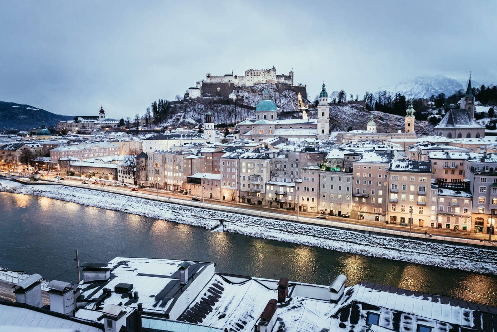 Salzburg old city at christmas time, snowy in the evening, Austria