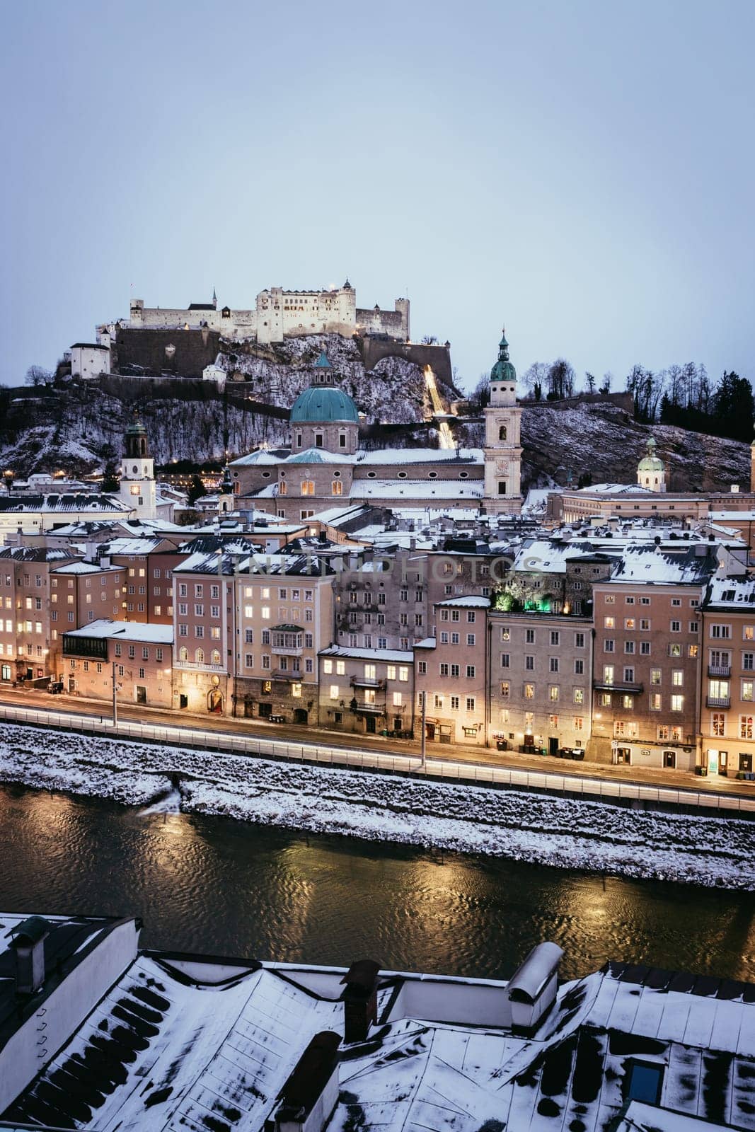 Salzburg old city at christmas time, snowy in the evening, Austria