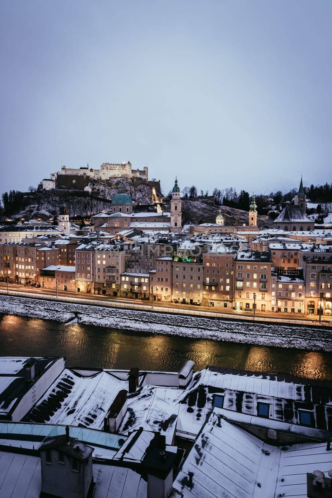 Salzburg old city at christmas time, snowy in the evening, Austria
