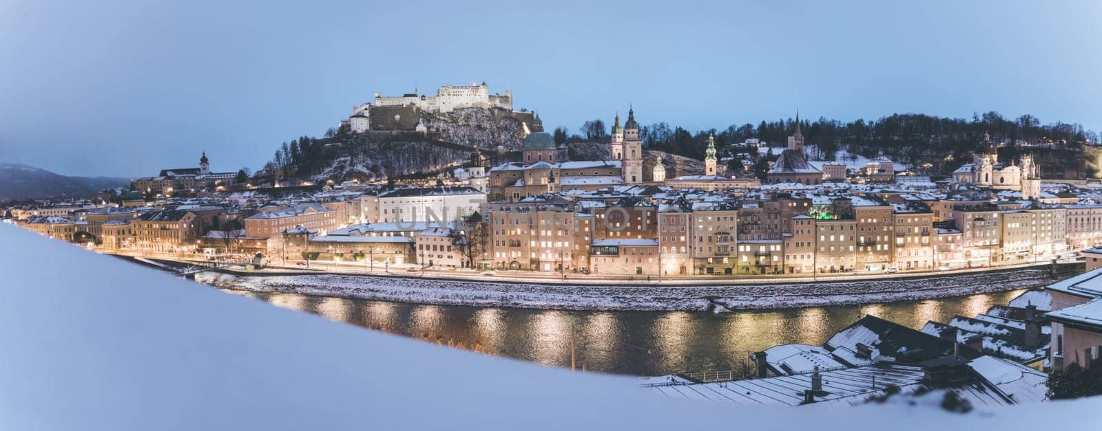 Salzburg old city at christmas time, snowy in the evening, Austria
