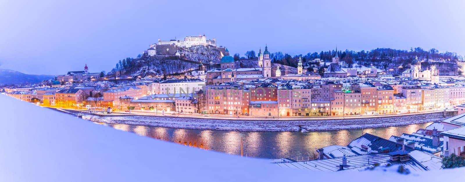Salzburg old city at christmas time, snowy in the evening, Austria