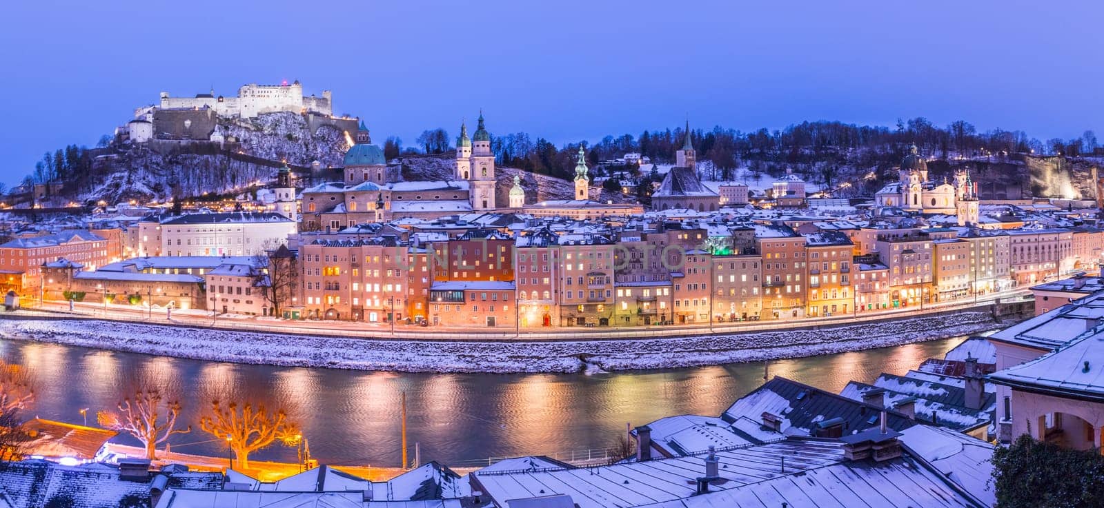 Salzburg old city at christmas time, snowy in the evening, Austria