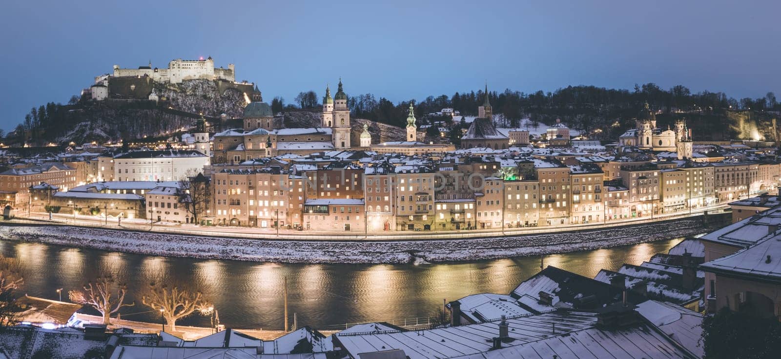 Salzburg old city at christmas time, snowy in the evening, Austria