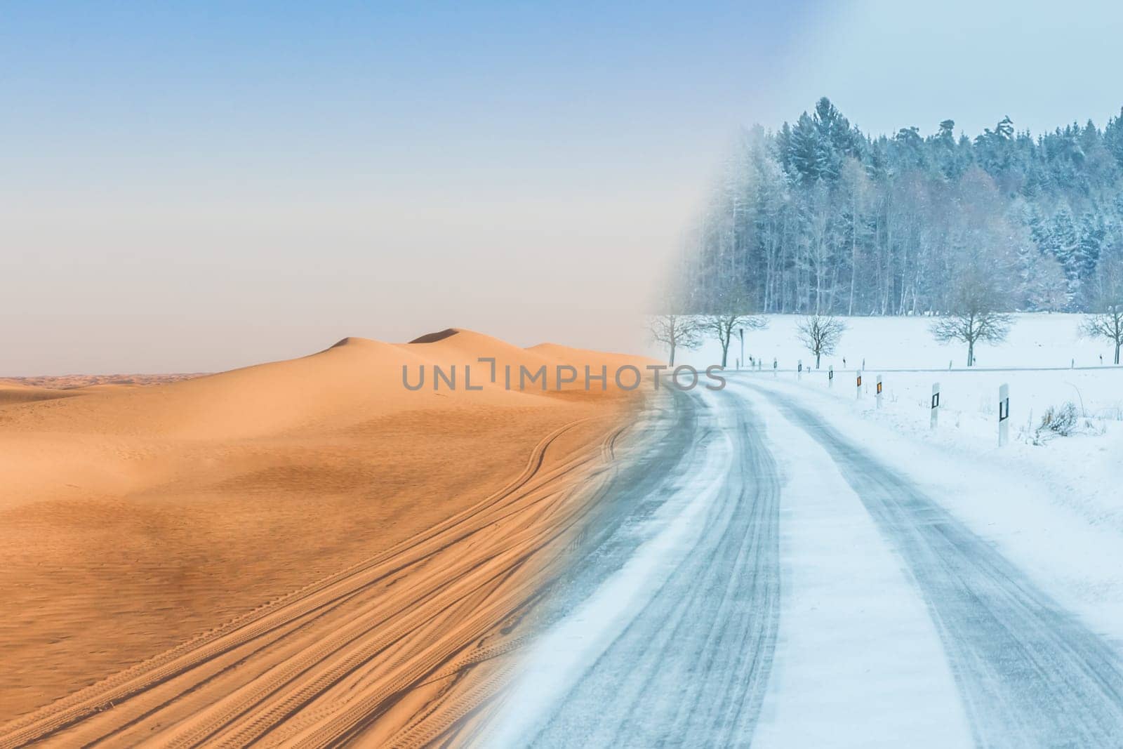 Extreme contrast weather range at transportation road driving lanes. Dangerous drought golden desertification to snowy white blizzard.