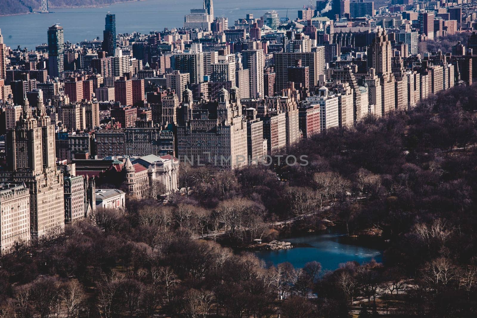 Panoramic elevated view of Central Park, and Upper West Side in Fall. Manhattan, New York City, USA.