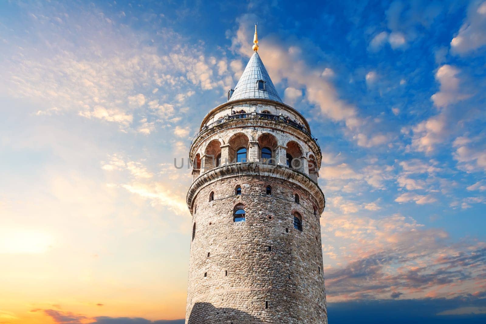 Galata Tower at sunset in the centre of Istanbul, Turkey.