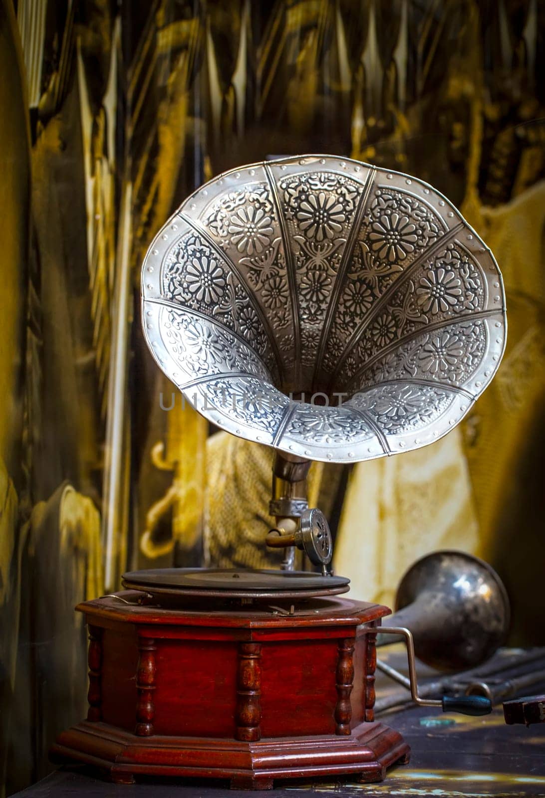 The retro old gramophone with horn speaker  for playing music