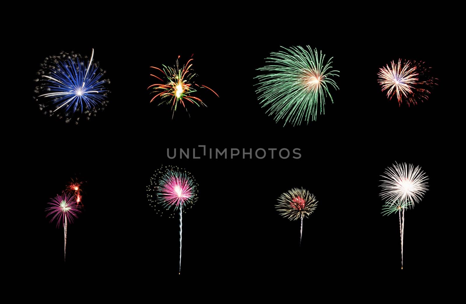 Collection of colorful festive eight fireworks exploding over night sky, isolated on black background