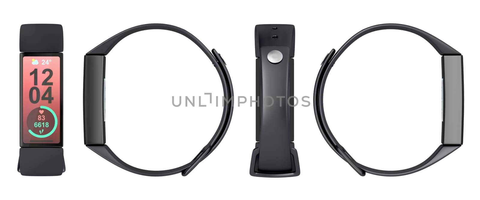 Front, side and back view of modern smart watch