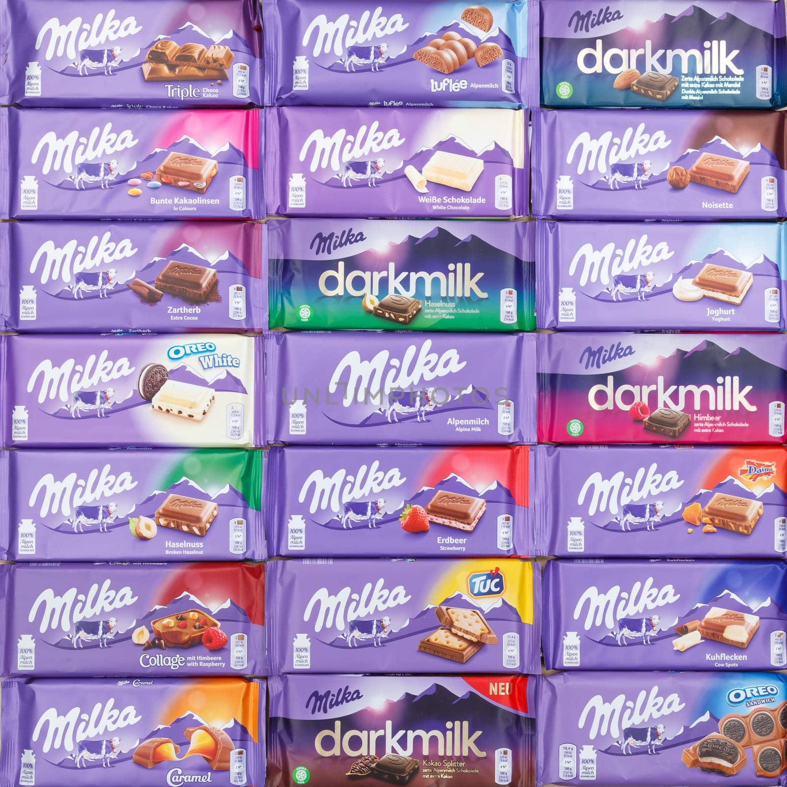 Stuttgart, Germany - March 3, 2021: Milka chocolate chocolates different types variety background square in Germany.