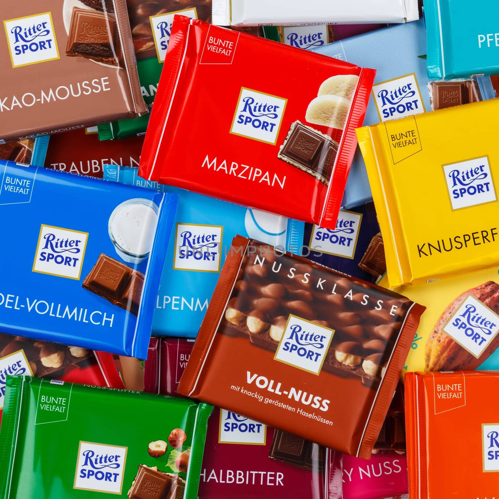 Stuttgart, Germany - March 1, 2021: Ritter Sport chocolate chocolates different types variety background square in Germany.