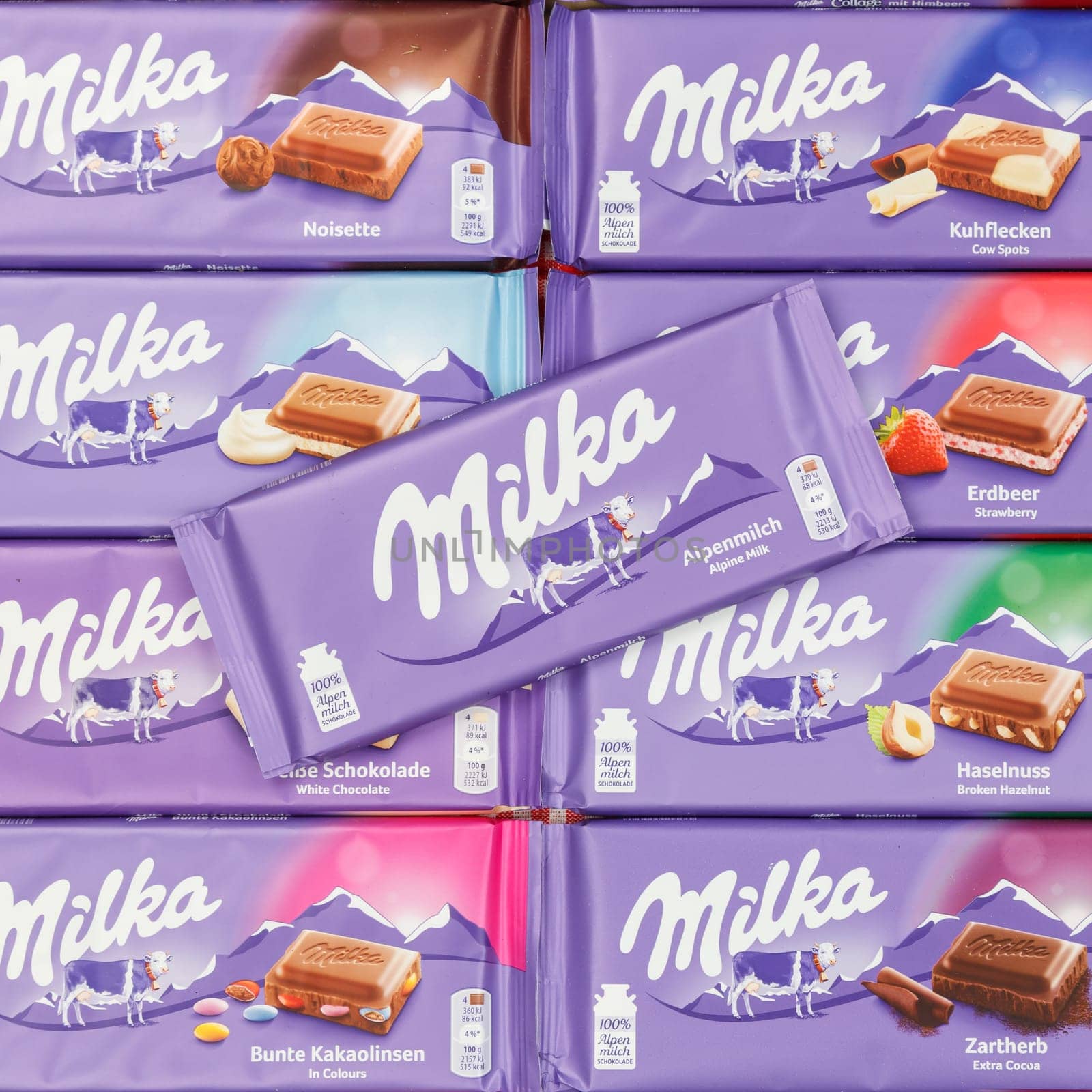 Stuttgart, Germany - March 3, 2021: Milka chocolate chocolates different types variety background square in Germany.