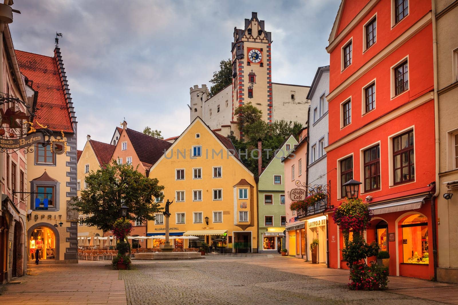 Fussen, Germany, September 27, 2015: Central square in Fussen featuring a landmark fountain - Stadtbrunnen