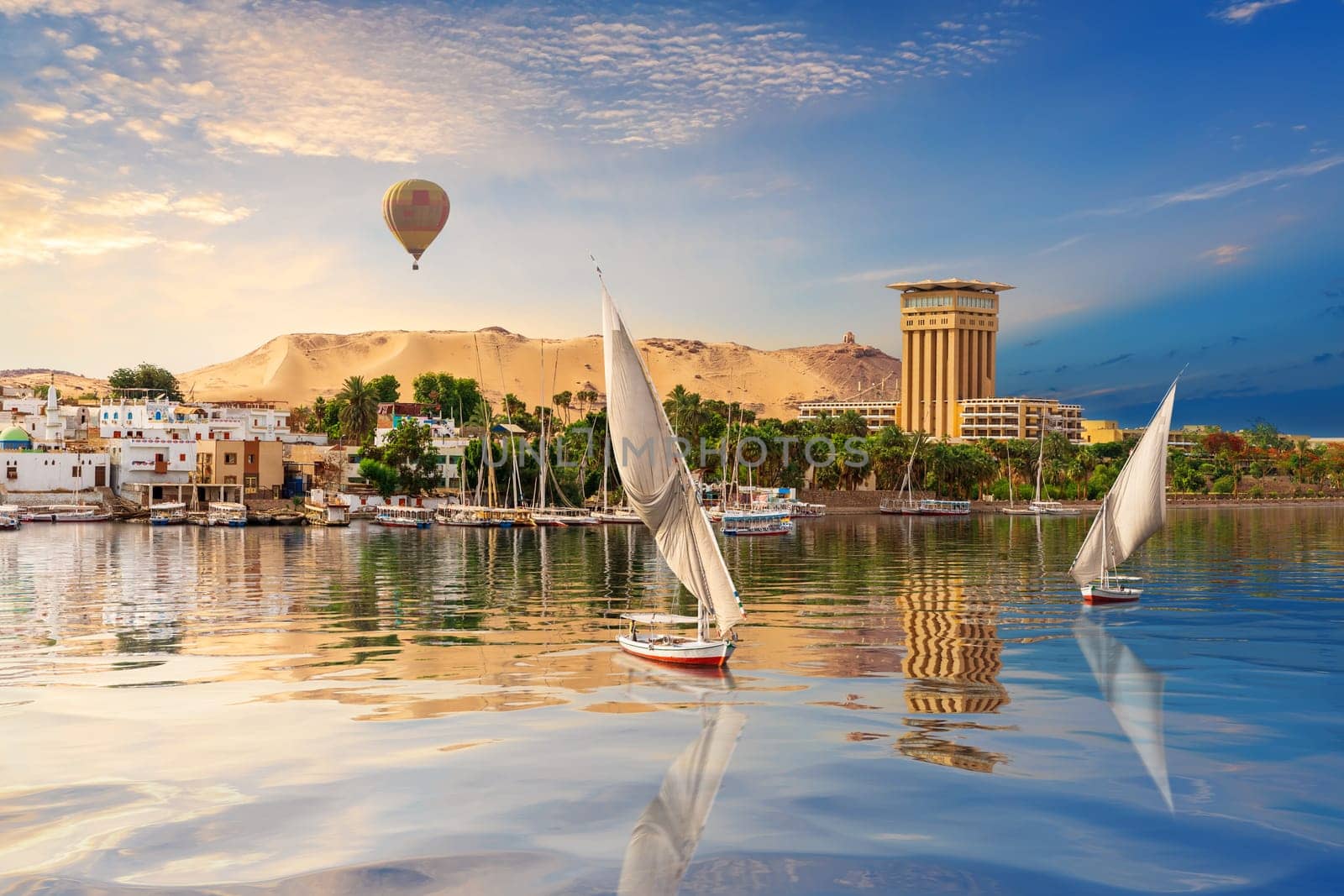Aswan river scenery with air baloons, beautiful Nile view, Egypt.