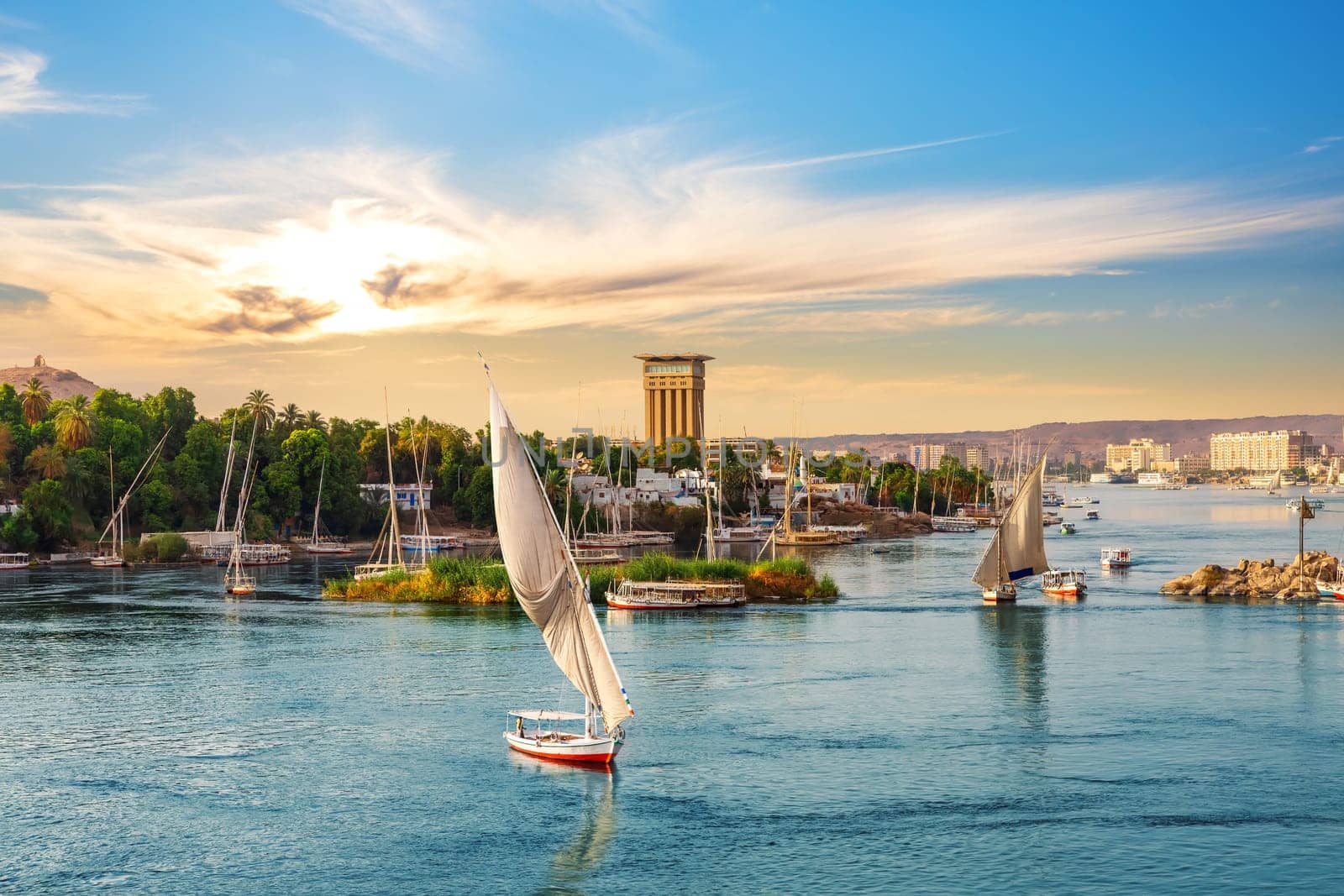 The Nile and the sailboats, famous view of Aswan, Egypt.