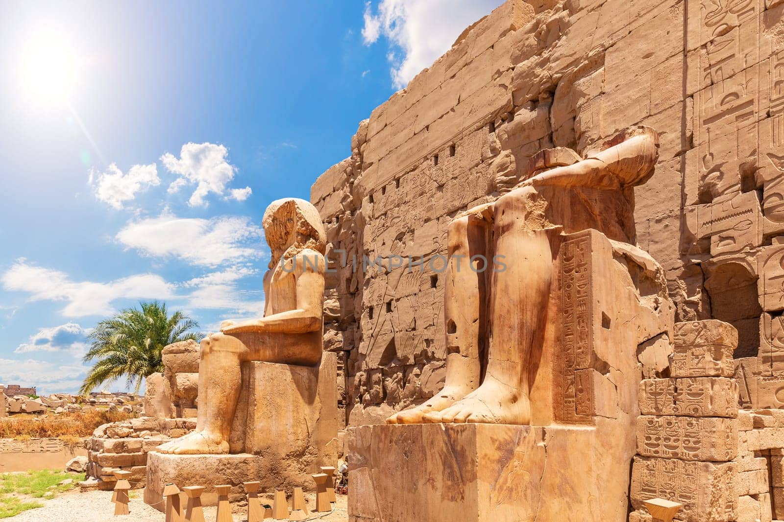 Karnak Temple Pylon Facade and statues, Luxor, Egypt.