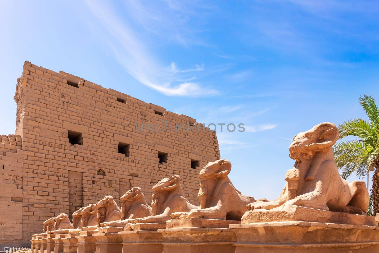 Beautiful Karnak Temple, ram-headed sphinx statues, Luxor, Egypt.