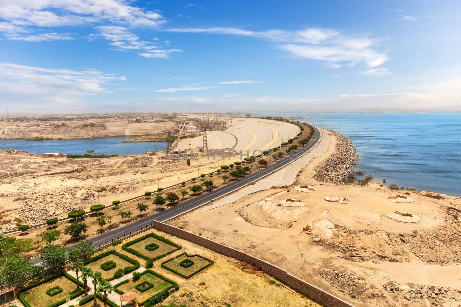 Aswan High Dam view, sunny day panorama, Egypt.