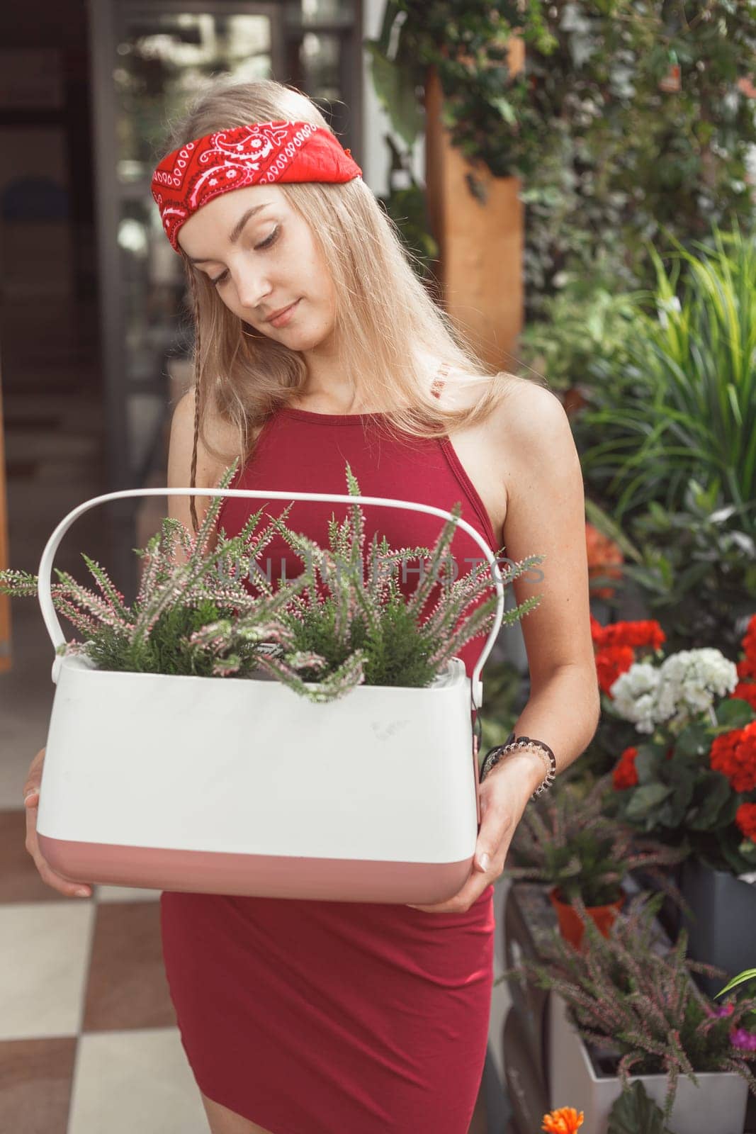 Smiling happy woman displaying Elsgolzia Staunton plant in potted houseplants