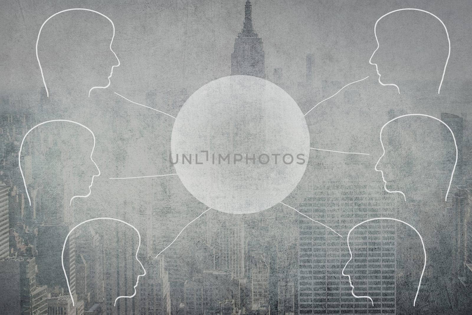 Silhouettes of faces connecting to a circle, teamwork, online meeting, communication, city in a blurry background