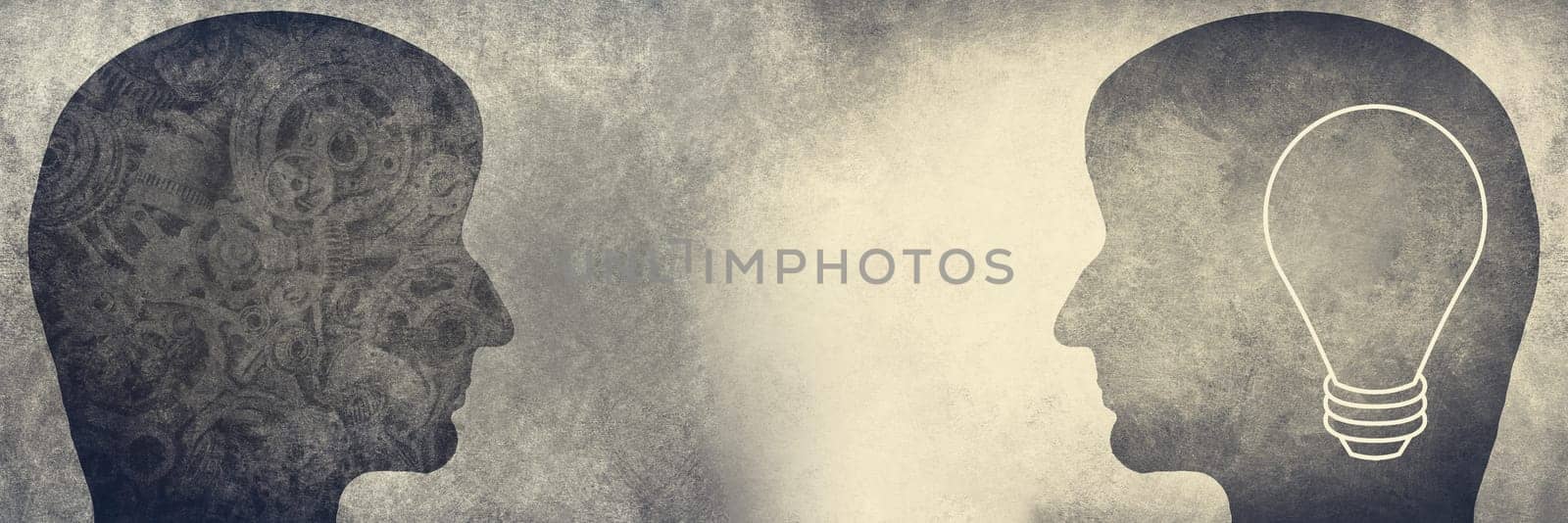 Silhouette human face with gearwheel on a textured background, empty copy space for text