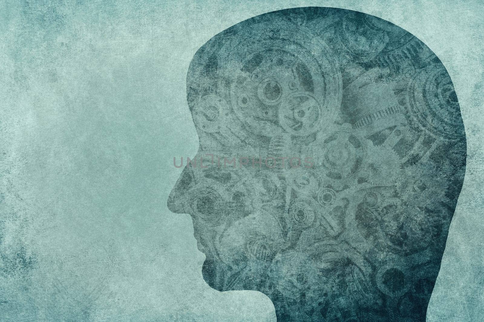 Silhouette human face with gearwheel on a textured background, empty copy space for text