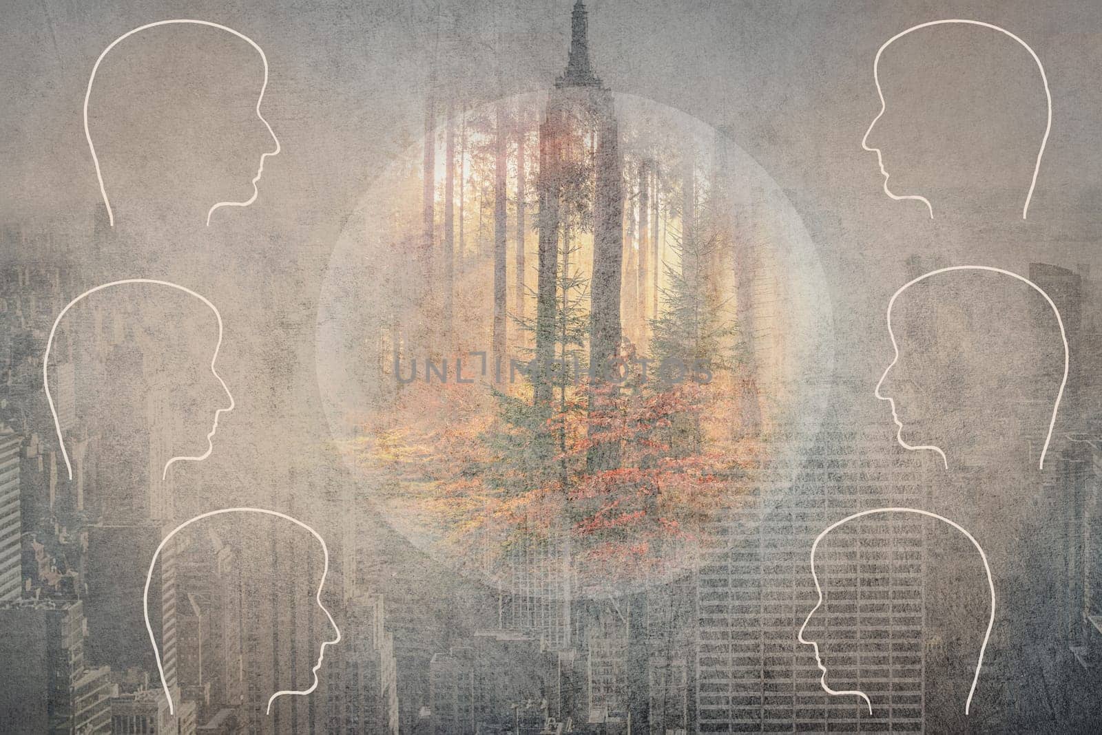 Enviromental issues, city against nature, people have a conversation, silhouettes of heads, global warming