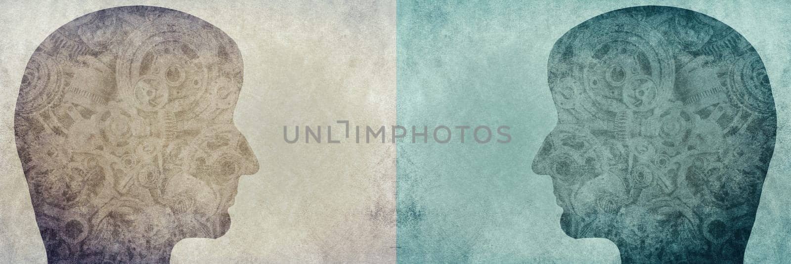 Silhouette human face with gearwheel on a textured background, empty copy space for text