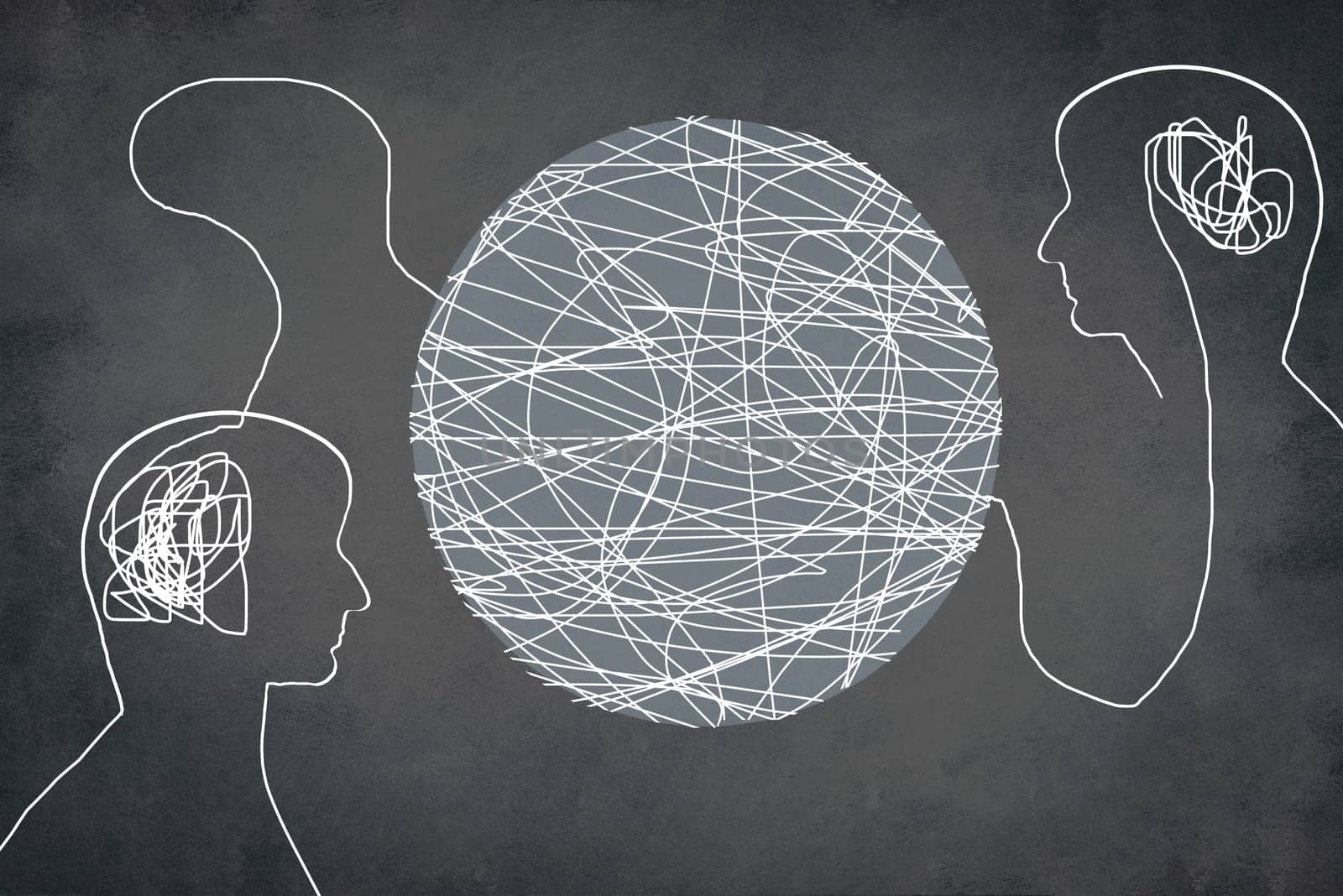 Two human heads connected to lines in a circle, communication, thinking together