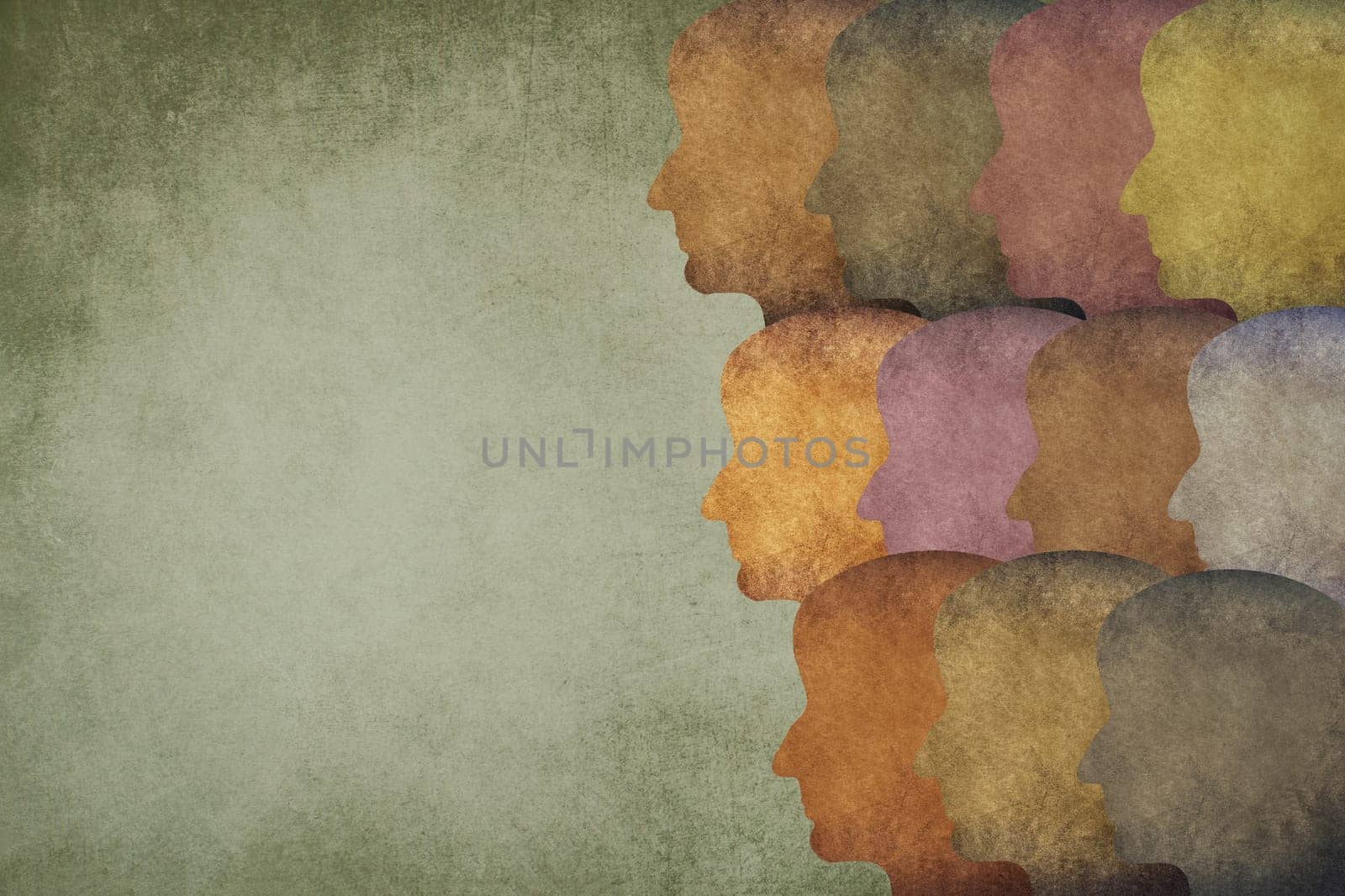 Group of people, silhouettes of faces, textured background, empty copy space