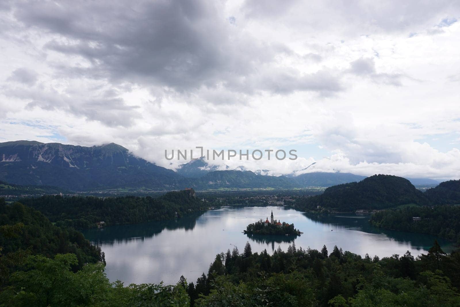 View onto lake Bled on a cloudy day, Slovenia 2020