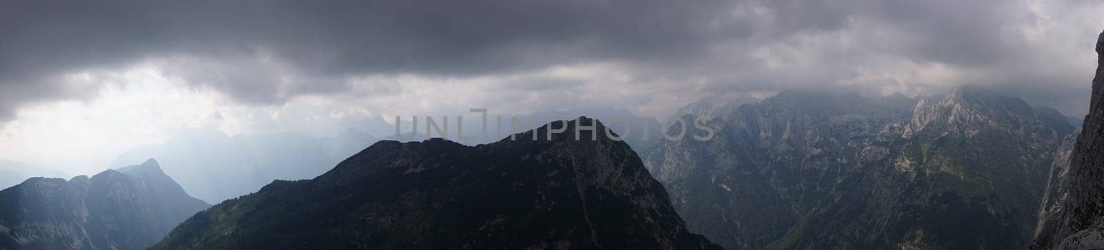 Stunning Panorama on a foggy day close to Mount Triglav, Slovenia 2020