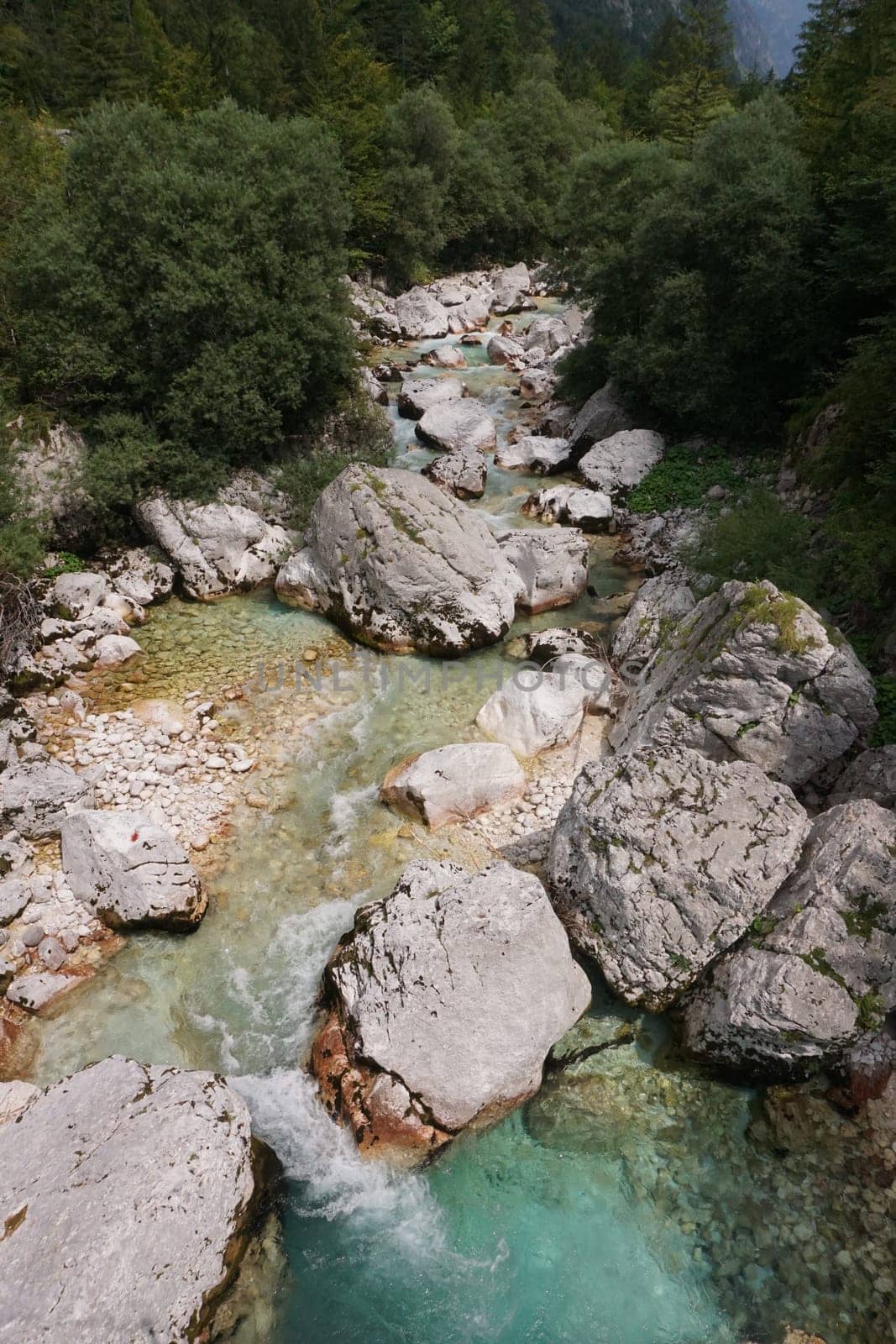 Rocky part of the Soca River on the Soca River trail, Slovenia 2020