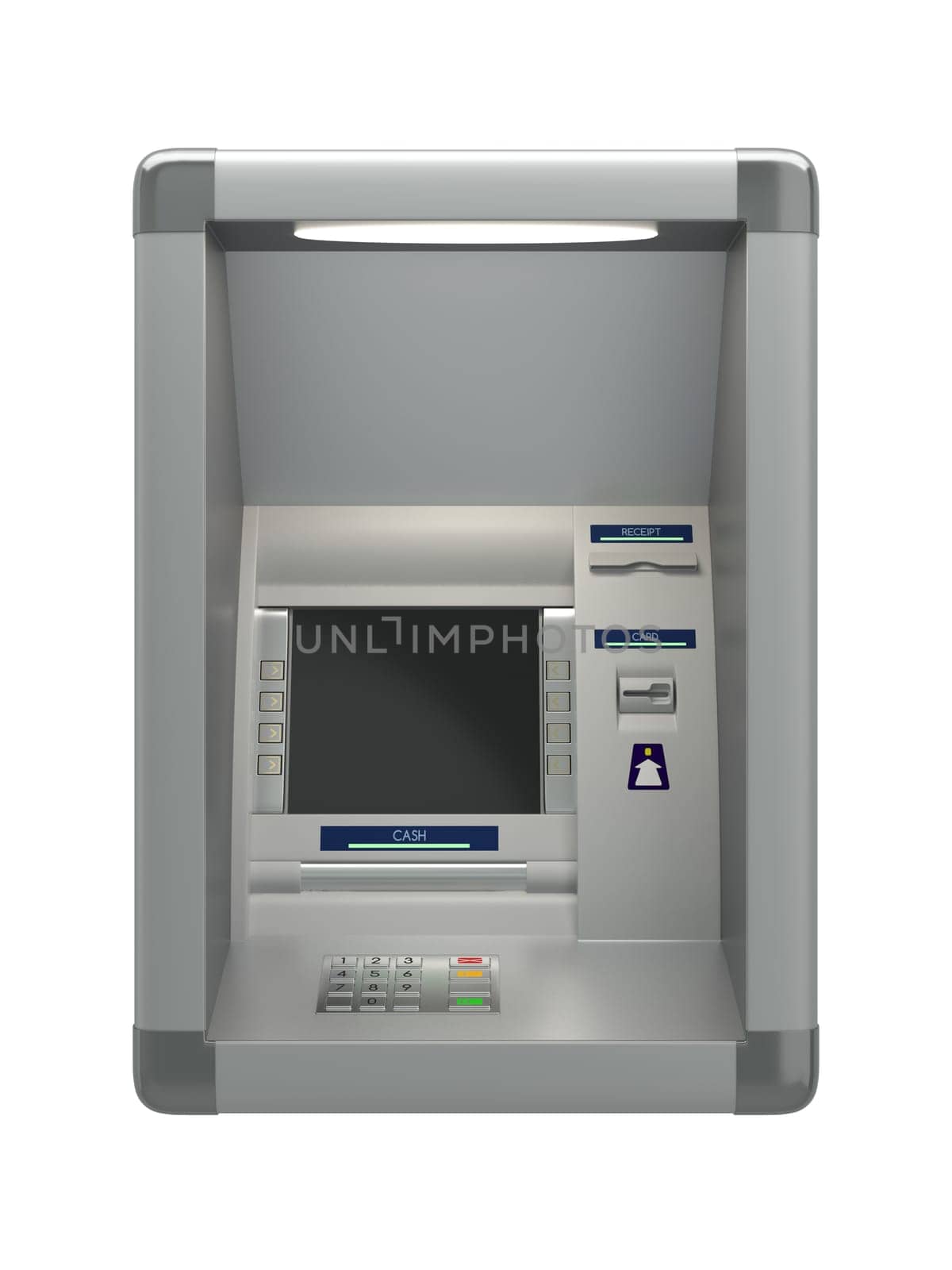 Atm machine with a card reader. Display screen, buttons, cash dispenser, receipt printer. Pin code safety, automatic banking, electronic cash withdrawal, bank account access concept. 3D illustration