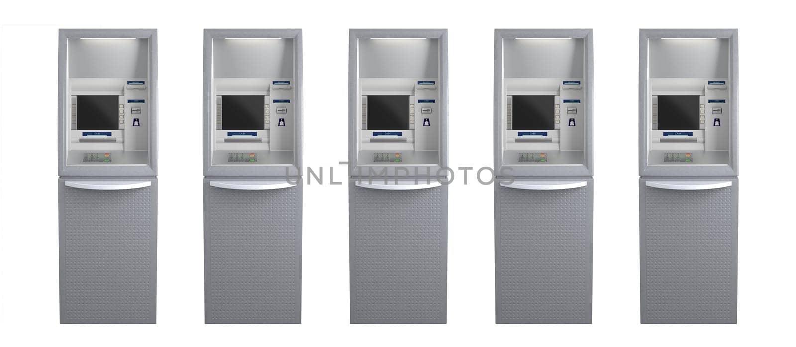 Line of five atm machines, isolated on white. 3D illustration