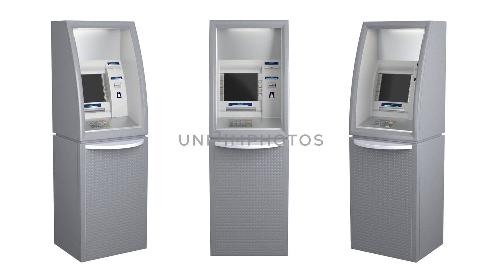 Set of three atm machines in different views - front and sides, isolated on white. 3D illustration