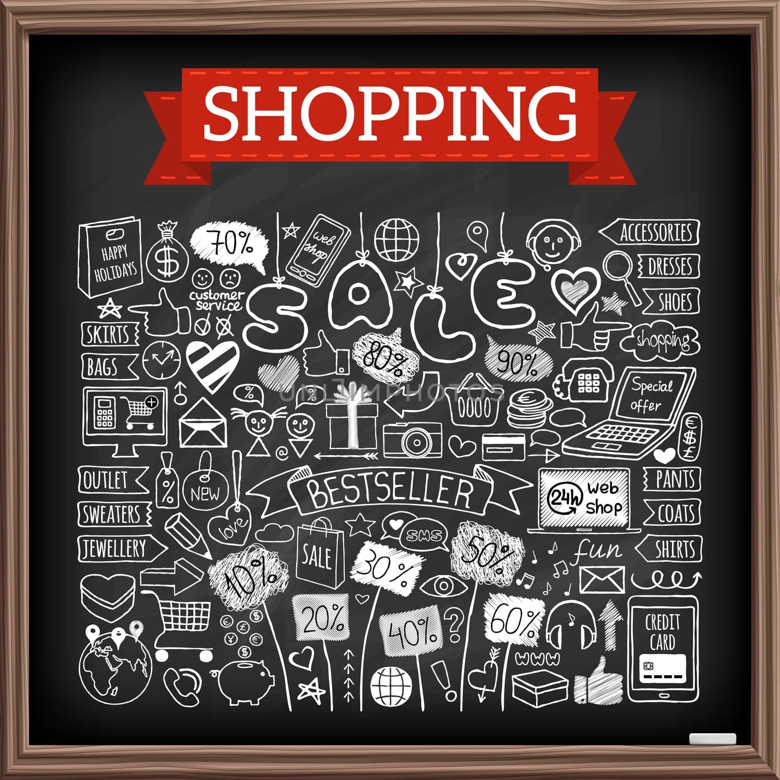 Shopping doodle set. Chalk board effect. Hand drawn icons collection with discount tags, computer, smartphone, gift box, hearts, stars and banners. Online shopping, holiday and season sale concept.